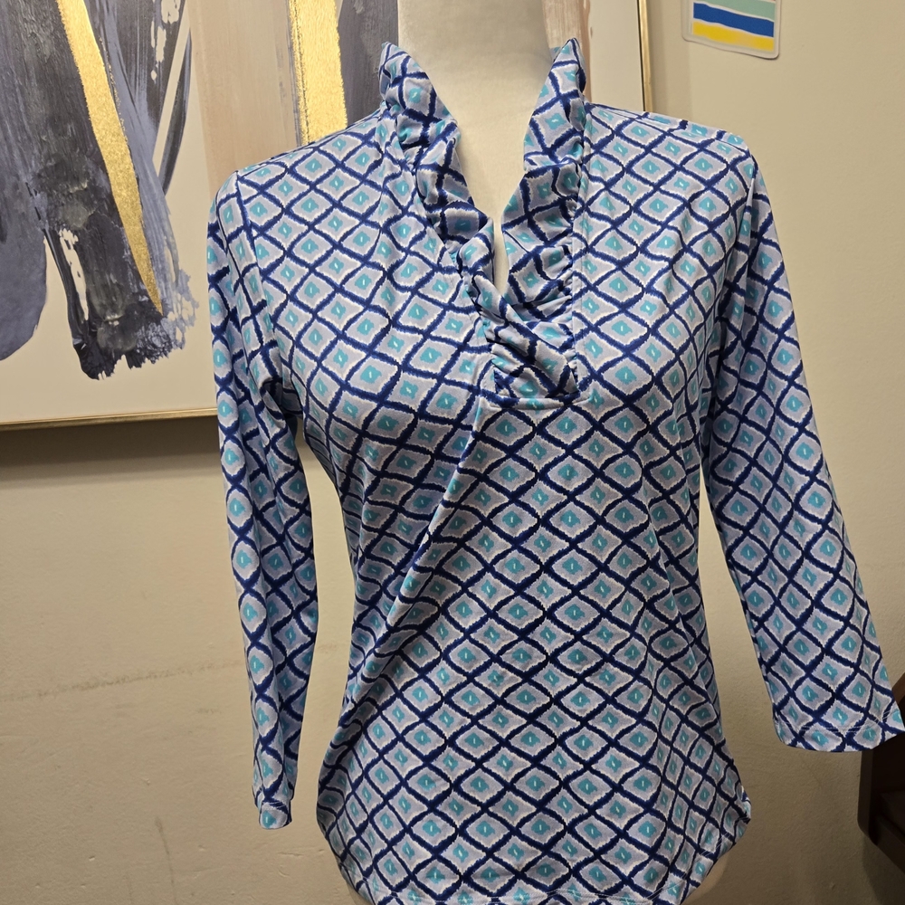 J. McLaughlin Blue & Aqua Diamond Ruffle V-Neck Tunic - Picture 3 of 5